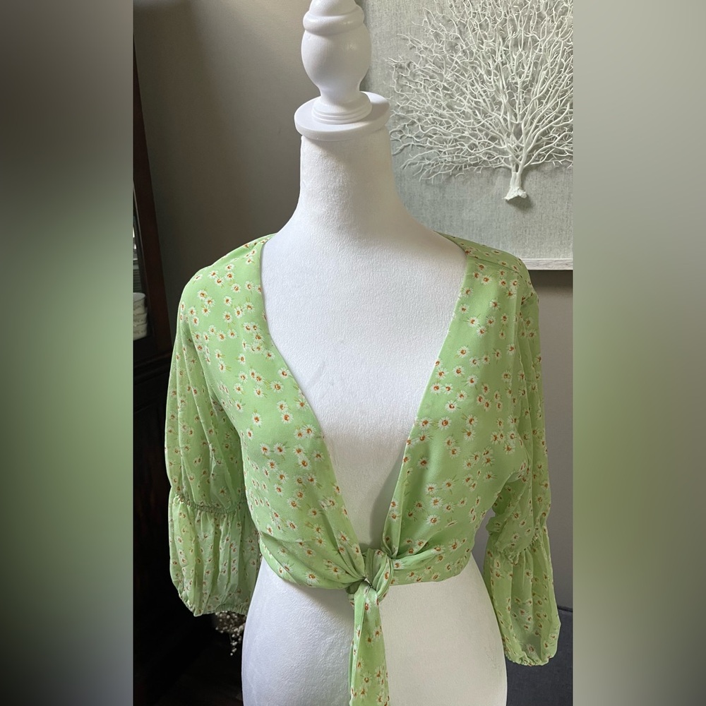 Green Floral Tie-Front Blouse
